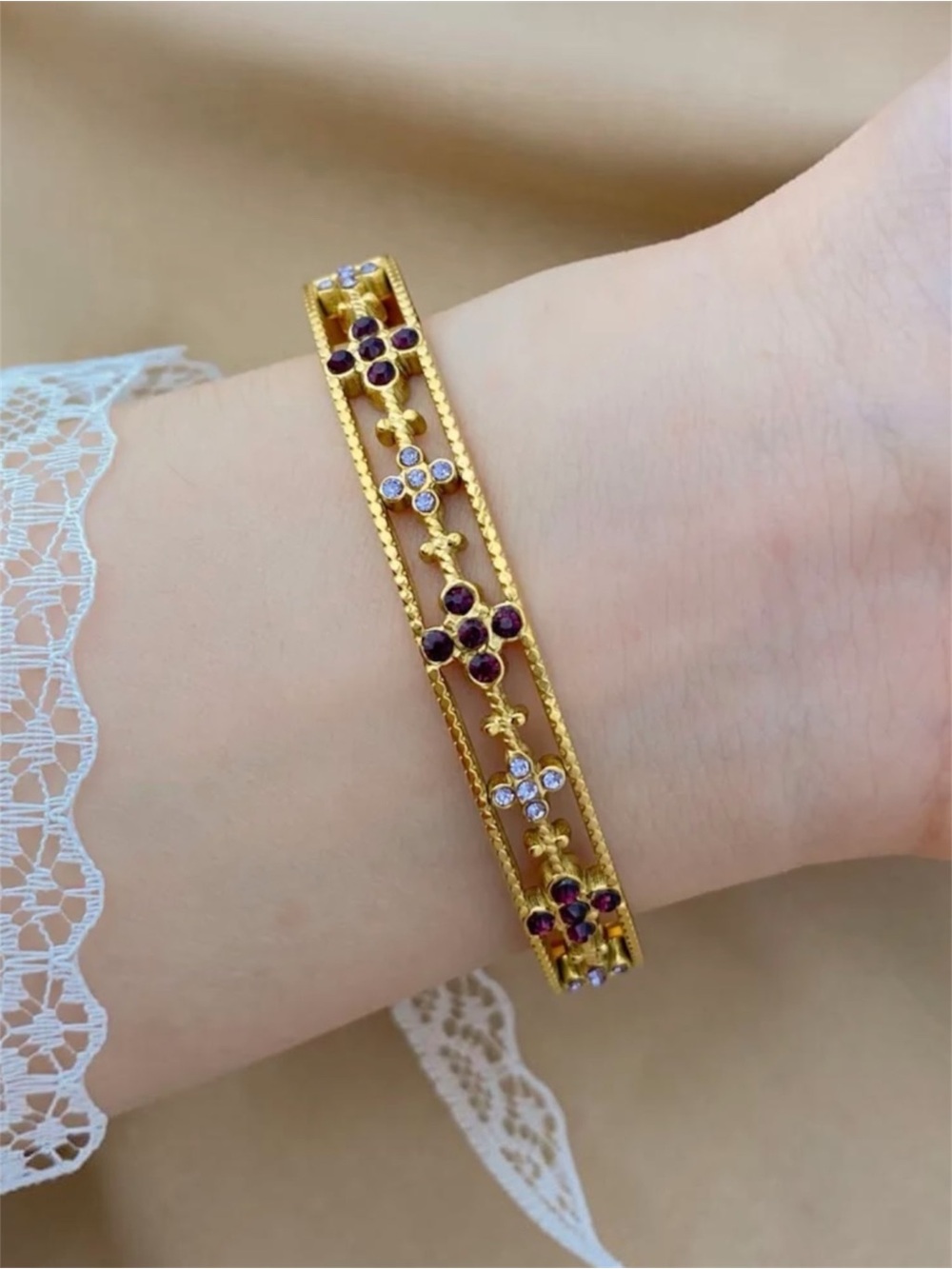 Floral Colored Crystal Bangle Bracelet NWT 18KT Gold Plated PVD Coated - Picture 3 of 3